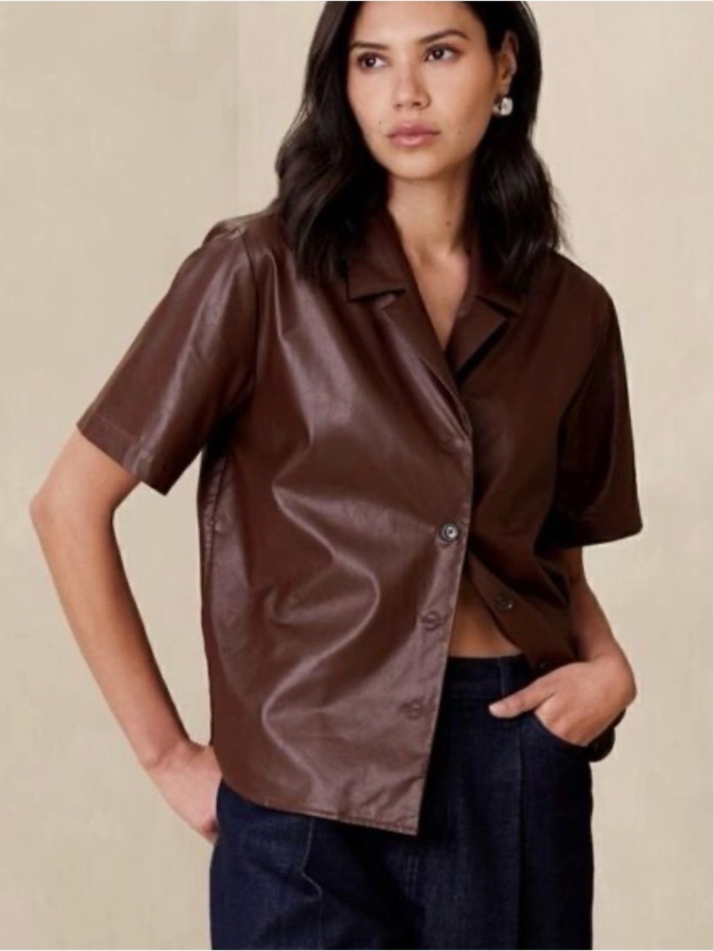 Banana Republic vegan leather Brown Short-Sleeve Button-Down Shirt